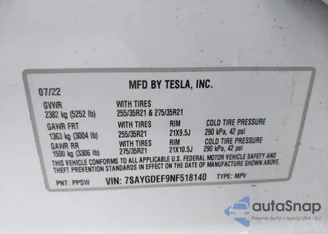 2022 Tesla Model Y Performance Dual Motor All-Wheel Drive z USA, uszkodzony, nr VIN 7SAYGDEF9NF518140